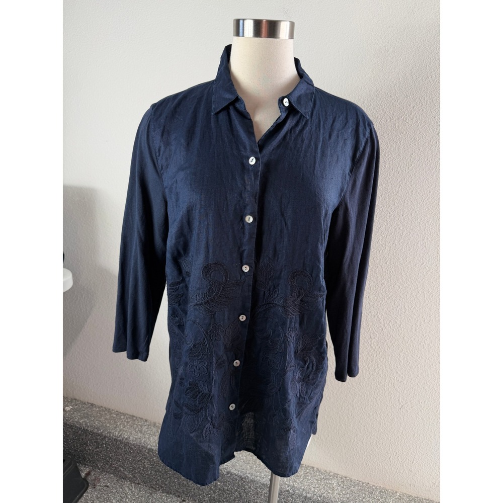 J Jill Womens Medium Navy 100% Linen Embroidered Button Front Tunic Top